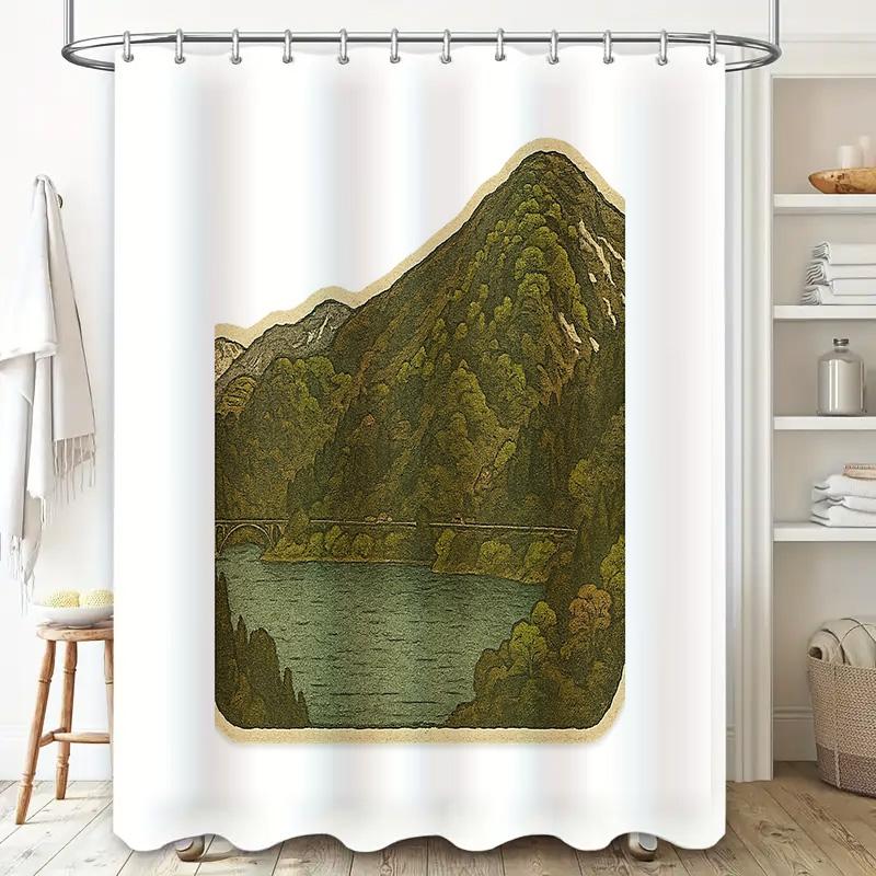 Vintage Landscape Shower Curtain Rustic Mountain Lake Nature Backdrop Bathroom Decor Farmhouse Scenic Wall Hanging Artistic Room