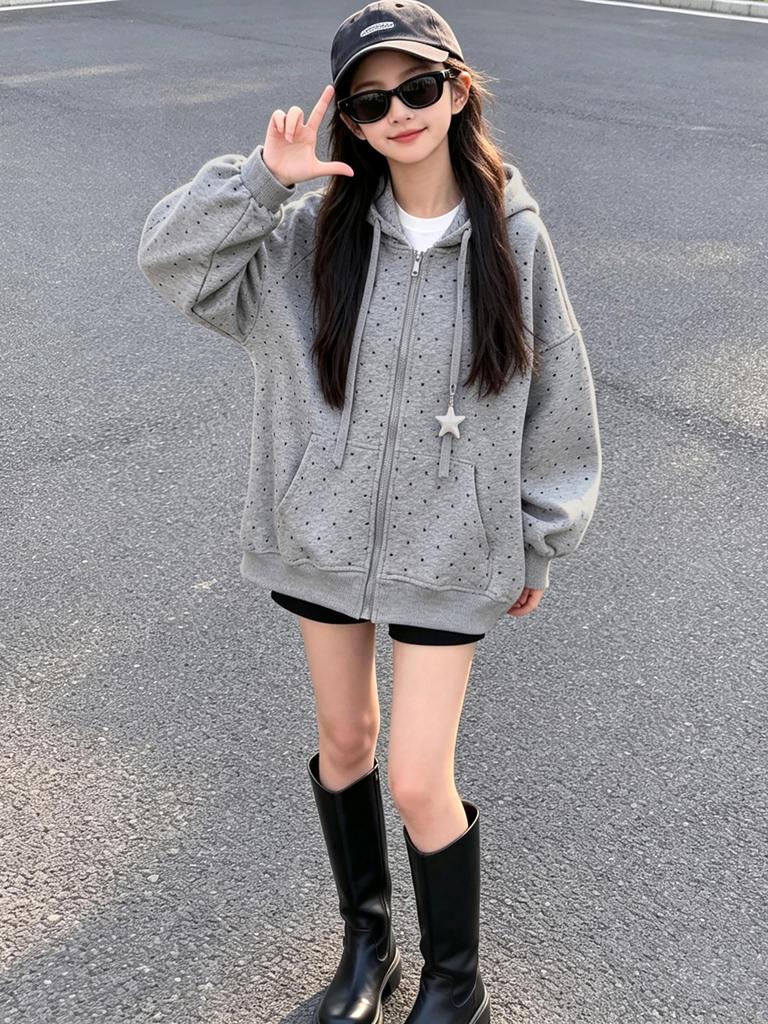 American Casual Star Print Hooded Jacket for Girls - 2026 Autumn Collection - Loose Fit Zipper Sweatshirt for Big Kids
