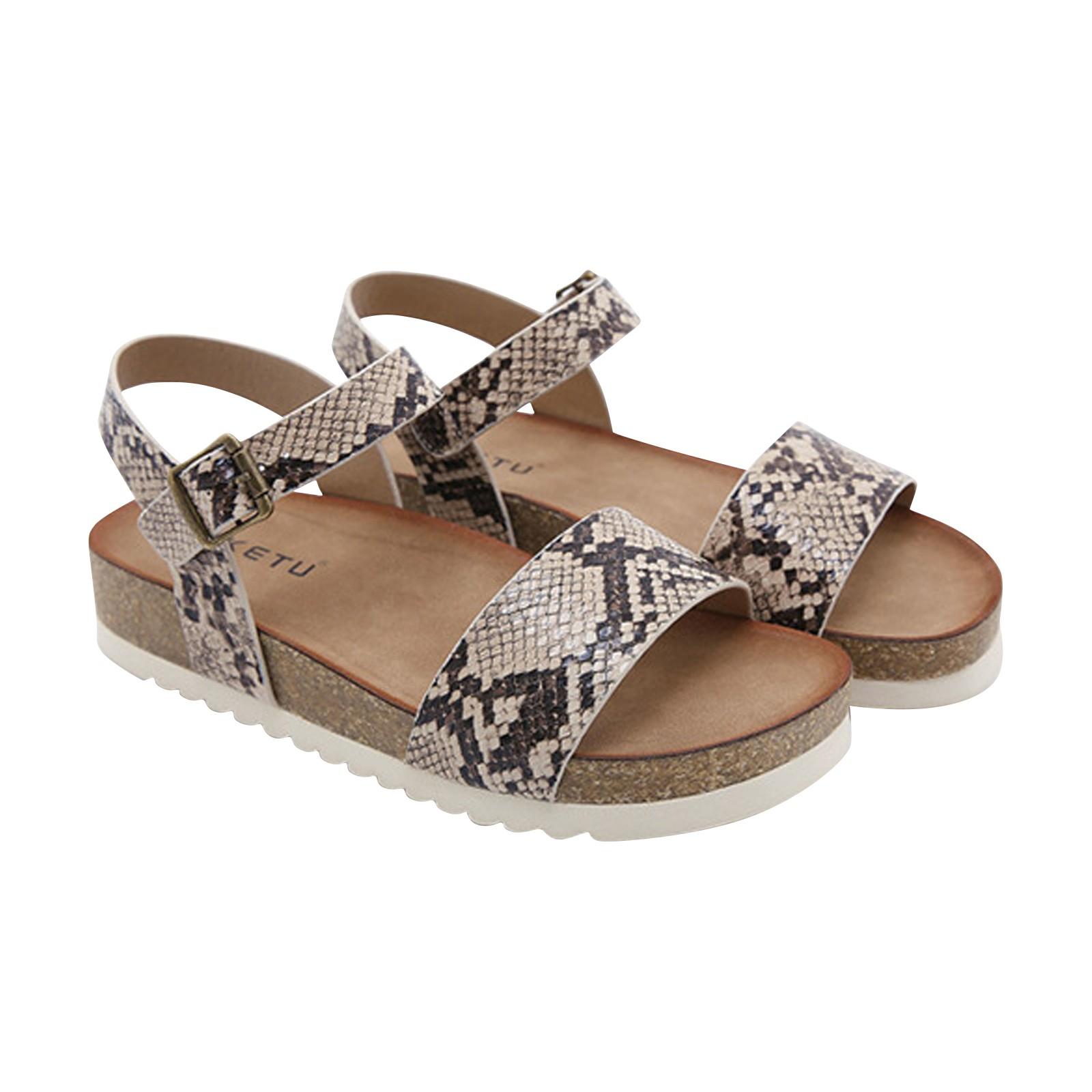 

Женские удобные нескользящие сандалии на деревянной подошве с металлической пряжкой и змеиным принтом хаки