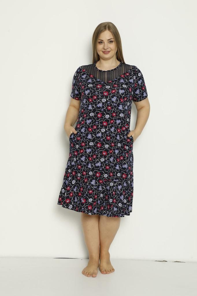 Women's Big Size Dress Patterned Pocket Tulle Detailed Combed Cotton Modal Plus Size Dress