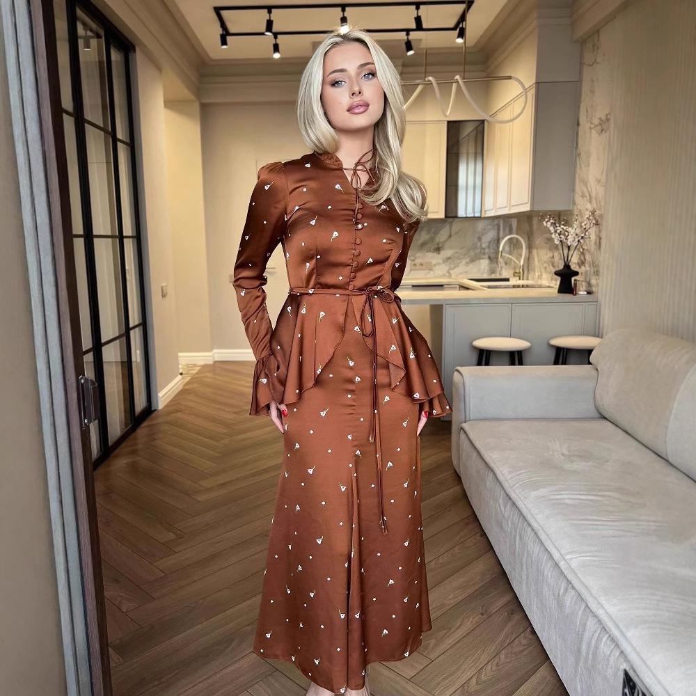 2024 Autumn European & American Women's Bell Sleeve Top + Midi Skirt Set