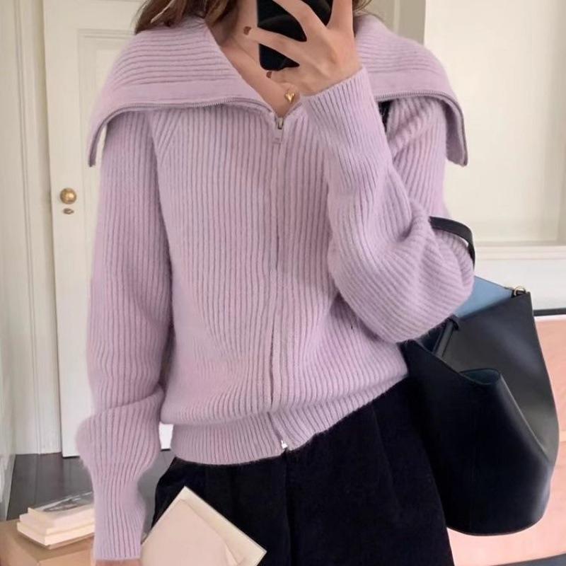 Navy Collar Zipper Sweater Jacket Female Early Spring Lazy Wind Loose Thin Knitted Cardigan Comfortable Versatile and Fashionable