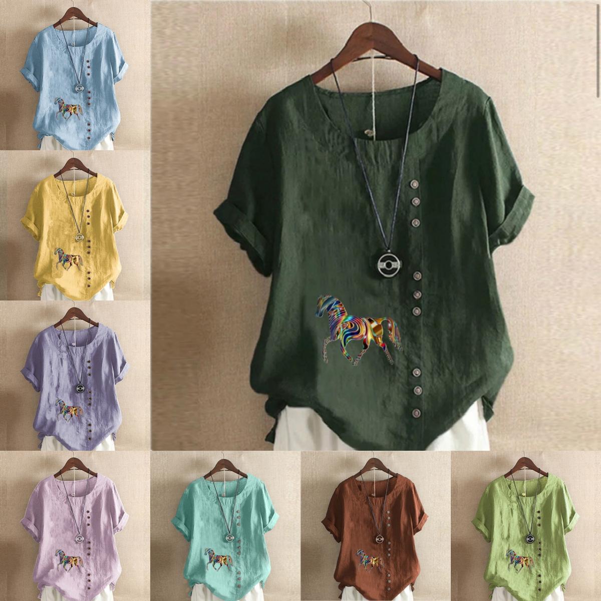 

Women s Fashion Round Neck Short Sleeve T-shirt Casual Cotton Linen Graphic Shirt Leisure Loose Horse Prined Summer Blouse Tops S рожевий