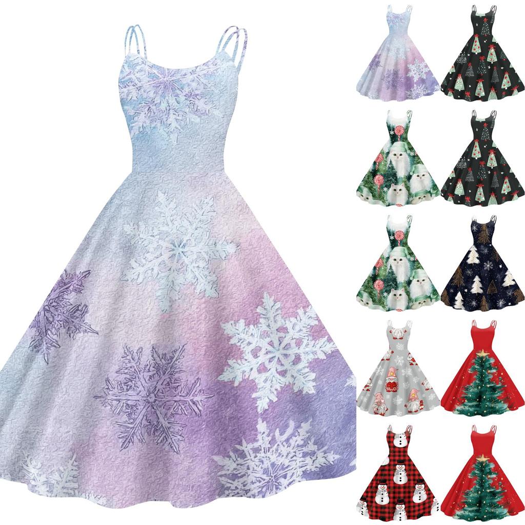 Women's Sexy Off-Shoulder Vintage Christmas Print Dress for Holiday Party