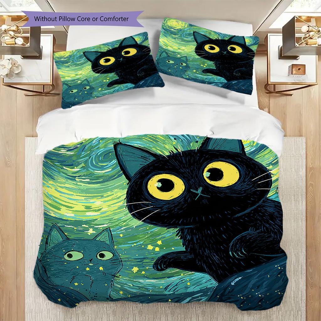 Black Cat Pattern Bedding Quilt Set Quilt Cover Pillowcase Home Decoration Birthday Gift (1 * duvet cover + 2 * pillowcase, without core)