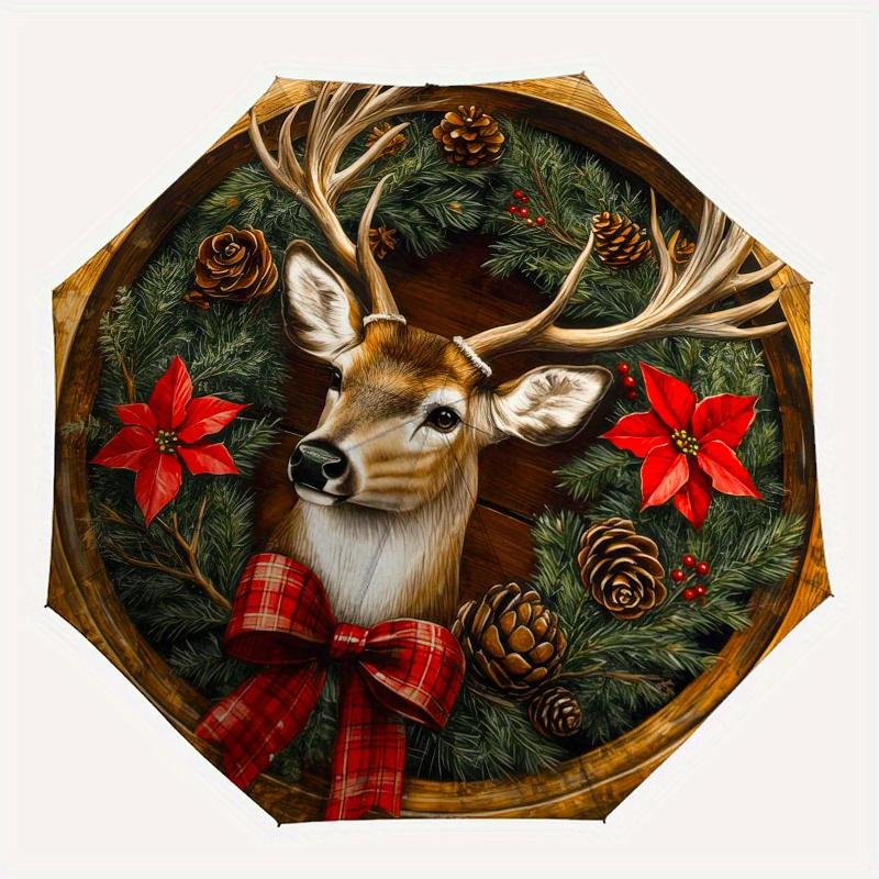 Christmas Deer Wreath with Poinsettias and PineconesUmbrellaPortable 3-Fold Compact Umbrella for Men & Women Gift