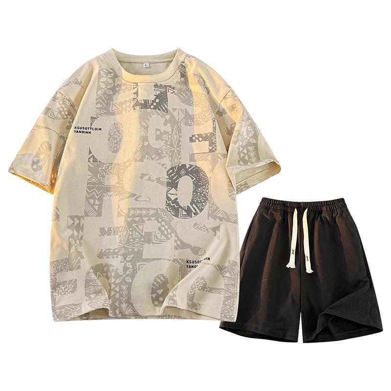 Men's Plus Size Casual Sports Set - Hong Kong Style, Summer, Loose, Round Neck, Short Sleeve, Five-Point Pants.