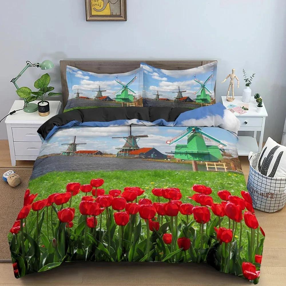 3-delat Retro Stil Sängkläder Set King Size Påslakan Sovrumsdekor Traditionella Holländska Väderkvarnar Vintage Järnvägsräls och Vagnar Sängkläder