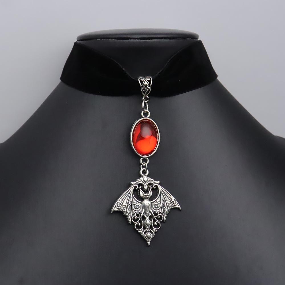 Gothic European Dark Style Bat Plush Choker with Ruby Pendant