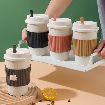 450ML Kávové hrnky s víčky Pšeničná sláma Opakovaně použitelný Přenosný Hrnček na kávu Plastový Proti pádu Cestovní Hrnček na čaj Vodu Vhodný do myčky