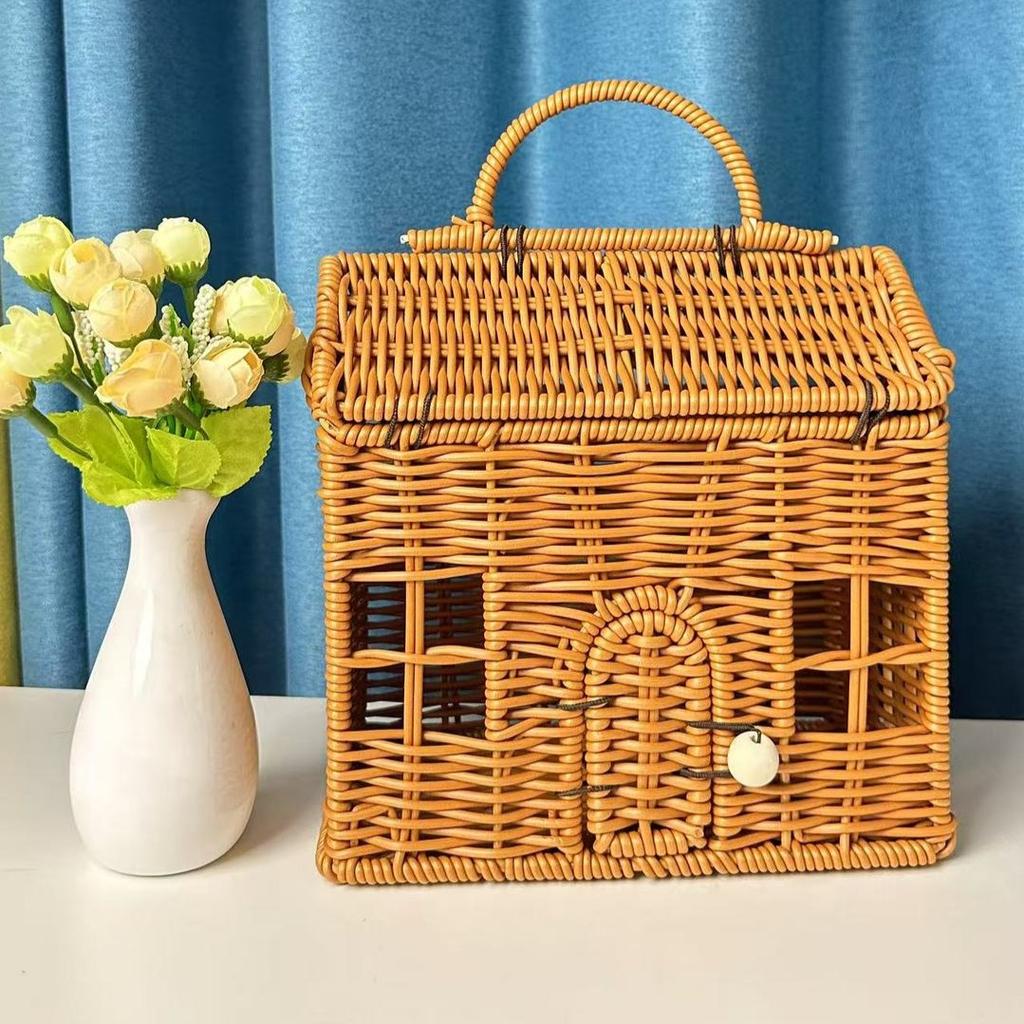 DIY House-Shaped Wicker Basket with Lid Handwoven Rattan Storage Basket for Home Decor Picnic Organizer Gift Box Doll House
