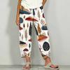 Women Plus Size Loose Printed Cropped Pants Navy Blue Cross Hem With Pockets