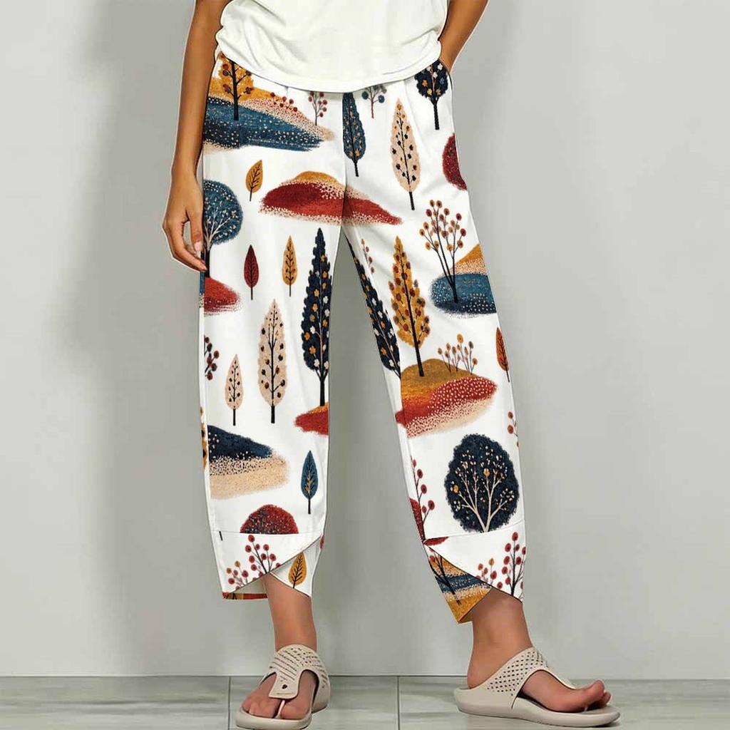 Women Plus Size Loose Printed Cropped Pants Navy Blue Cross Hem With Pockets