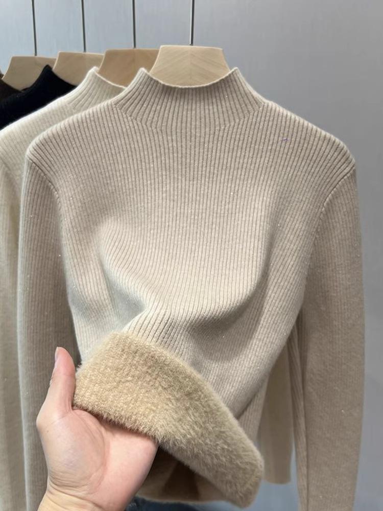 

Новый осенне-зимний яркий шелковый трикотажный свитер с полувысоким воротником и интегрированным флисом, женская утолщенная теплая базовая футболка, топ, тренд One size [recommended 80-60kg]