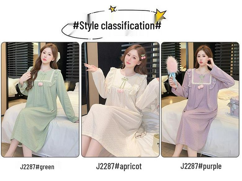 Spring & Autumn Korean Jacquard Maternity Slimming Lace Pajamas - Women's Long Sleeve Mid-Length Plus Size Sleep Dress