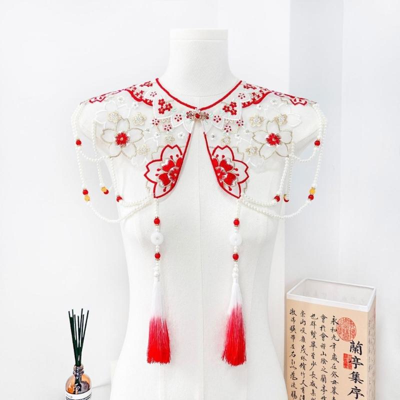 Traditional Chinese Styles Embroidery Collar Tassels Pearls Detachable Cloud Cape Decorative Collar Costume Accessory