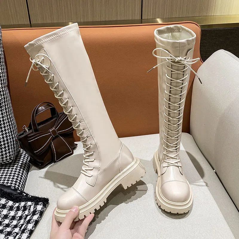 Martin boots thick-soled thin lace-up high boots long knight boots women's 2025 spring and autumn new velvet boots