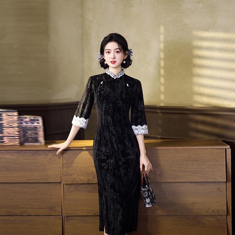 National Style New Chinese Long Sleeve Cheongsam Autumn Medium Sleeve Improved Cheongsam Stand Collar Young Daily Commuter Retro Cheongsam