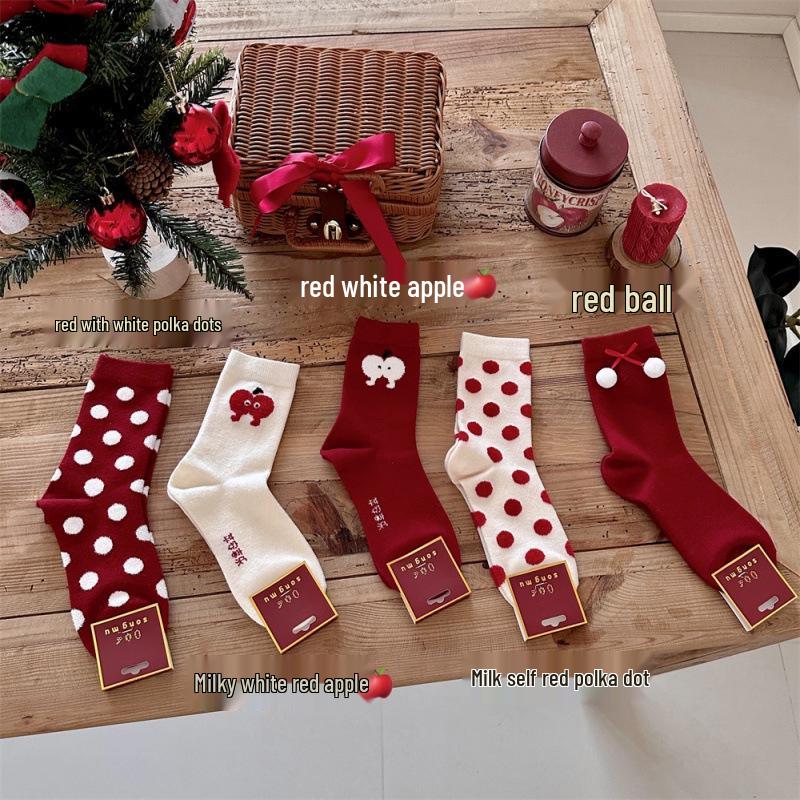 

Women s Benmingnian Red Polka Dot Mid-Calf Socks - Autumn/Winter Rabbit Velvet, Creative Apple Christmas Design Red Pom Pom