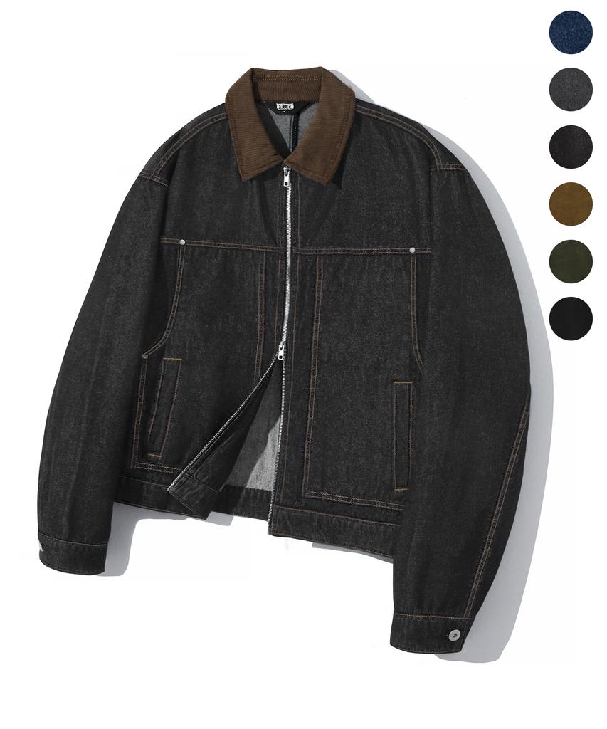 TRILLION Corduroy Collar Denim Zip-Up Work Jacket_6 Colors