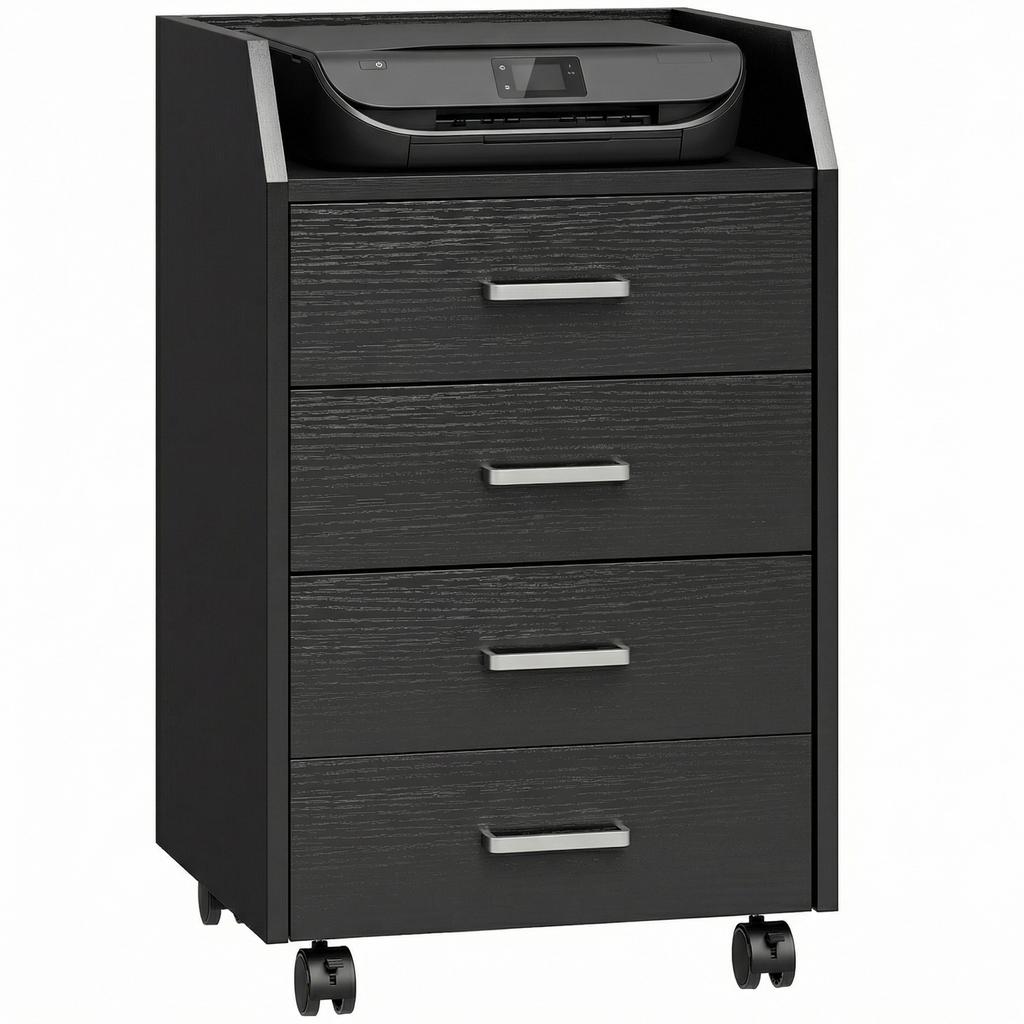 Office Storage Unit on Casters, 4 Sliding Wooden Drawers, 40 x 36 x 65 cm, Black