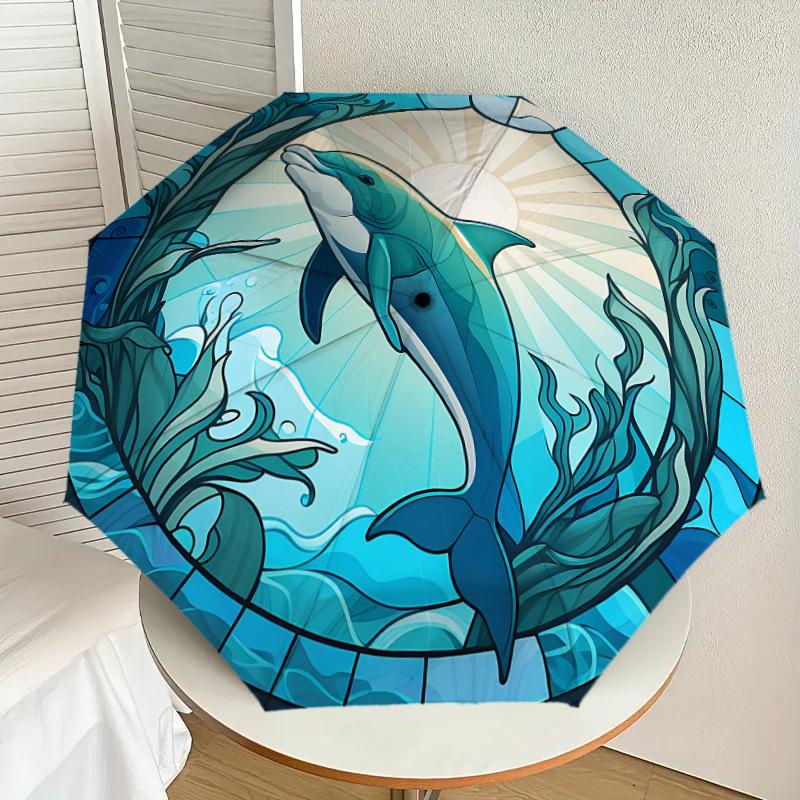 1PC Dolphin Stained Glass Automatic Open/Close Umbrella with Windproof, 8-Rib Sturdy Canopy, Durable Ribs, Fashionable Design,1248A