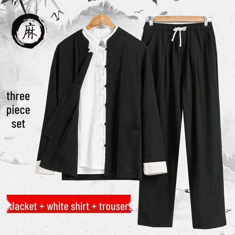 Men's Tang Suit Cotton & Linen Hanfu: Traditional Chinese Costume for Meditation & Tea Ceremonies (Spring-Summer-Fall)