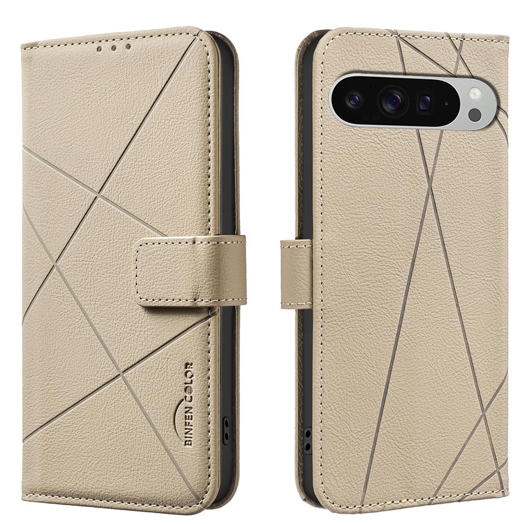 For Google Pixel 9 Pro XL Case BINFEN COLOR BF35 Geometry Imprinted Leather Phone Cover RFID Blocking Wallet Stand