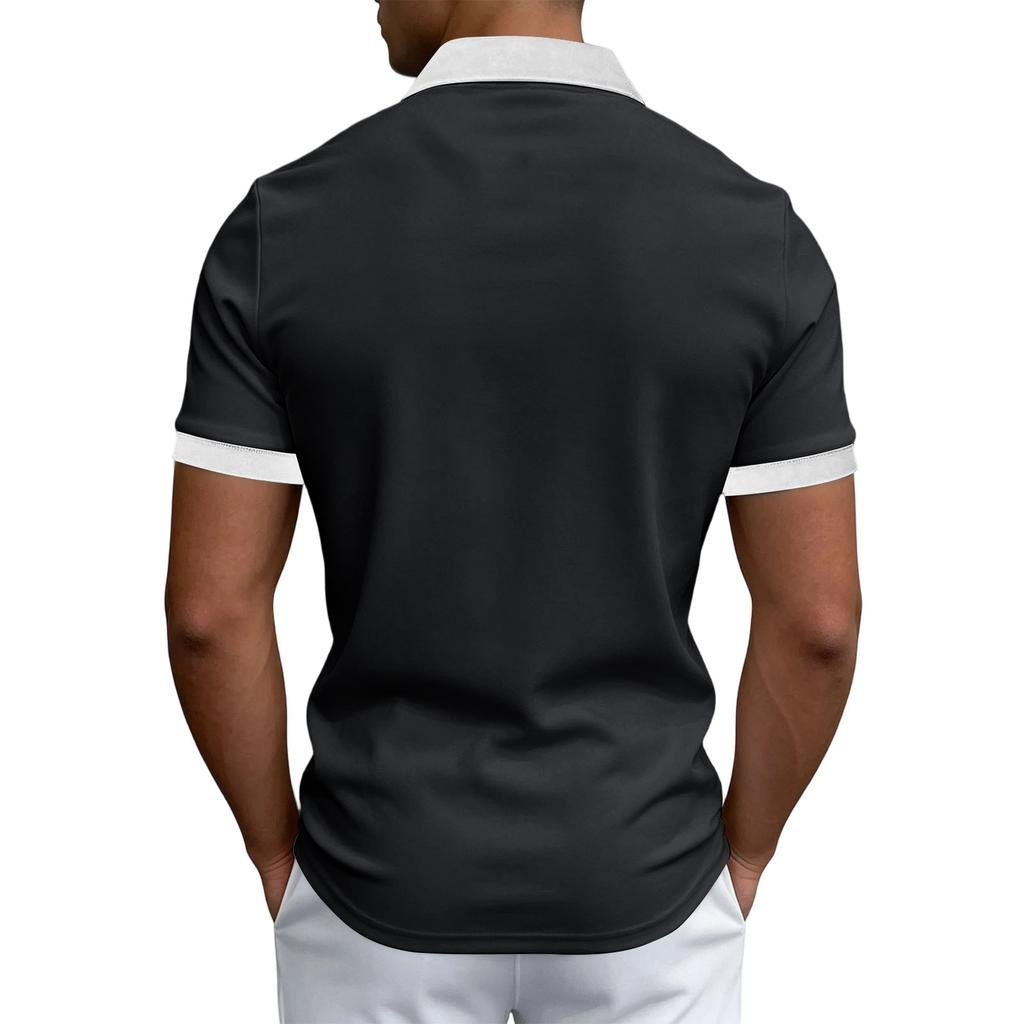 Men Polo Shirt Short Sleeve Zip Front Collar Pocket Design Slim Fit Casual Top for Everyday Wear