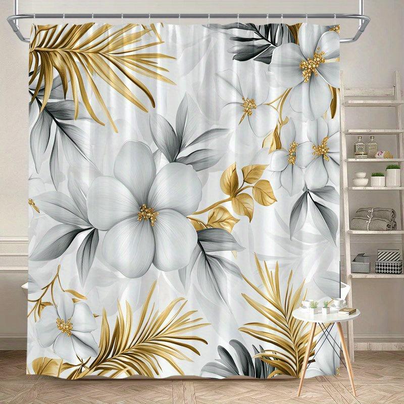 

1Pc Floral Shower Curtain With White Hibiscus And Gold Foil Design, Polyester Fabric, Machine Washable, Suitable For Bathroom W60H190(CM)-1 Pcs