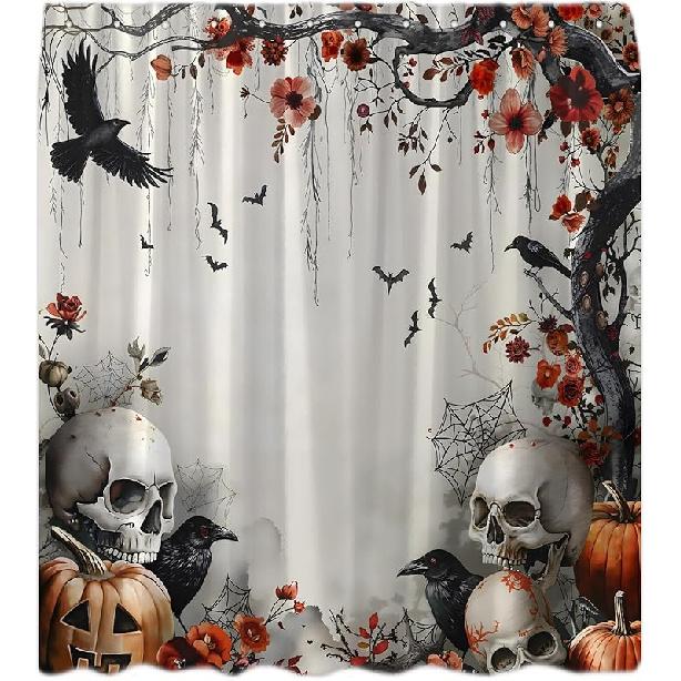 Halloween Shower Curtain Vintage Skull Scary Pumpkin Horror Crow Creepy Skeleton Gothic Fall Floral Tree Raven Spooky Bat Retro Witchy Bath Curtain