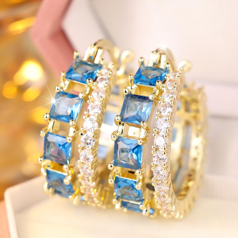Fashion Gold Color Square Blue White Zircon Double Row Hoop Earrings for Women Party Luxury Jewelry
