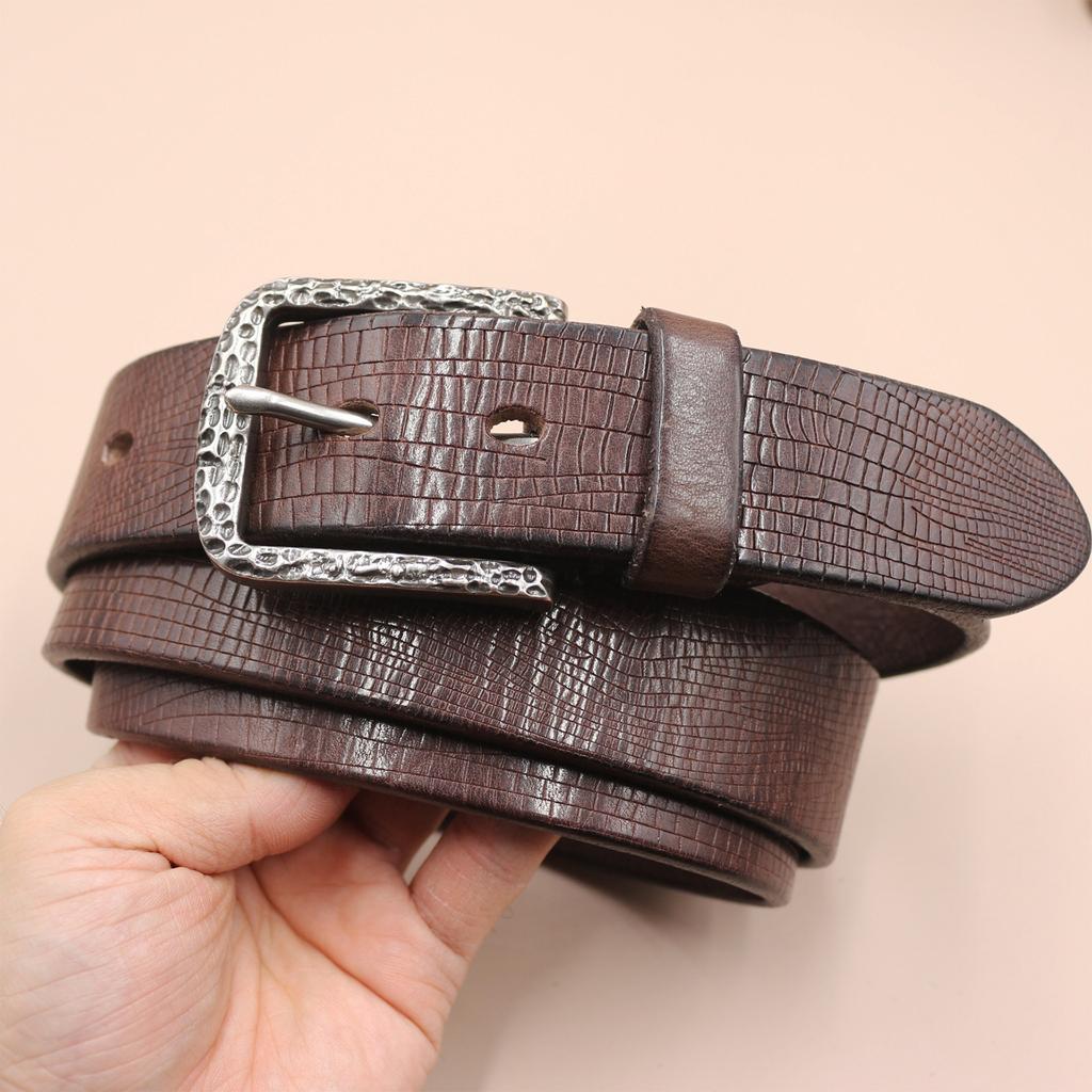 3.8CM Men's Belt Genuine Leather Belt Casual Retro Burst Needle Buckle Shiny Front Layer Cowhide Lazy Belt
