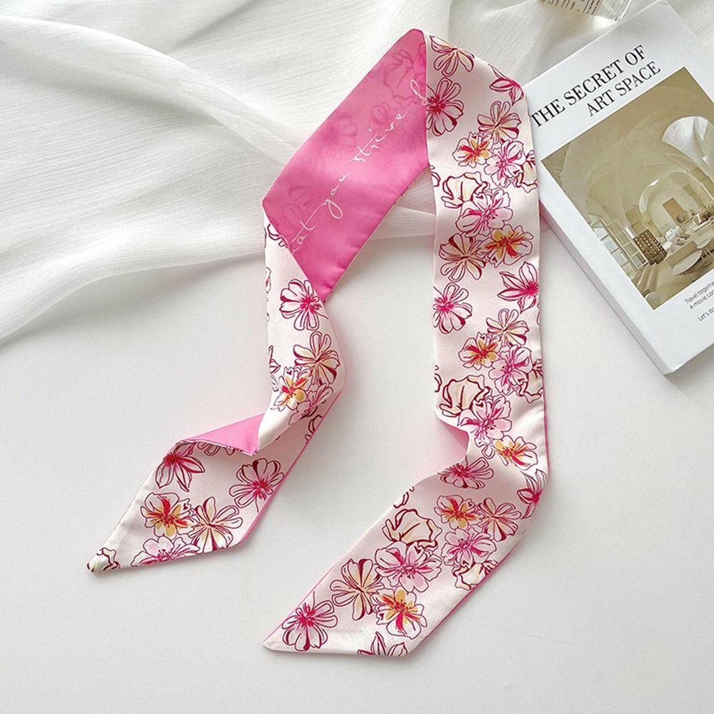 Retro Ribbon Headband Silk Scarf Pink Flower Long Scarf Neckerchief Scarf Accessories Printed Scarf Female