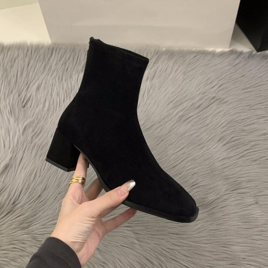 High Heel Square Head Skinny Short Boots Women's Shoes Korean Version Versatile 2025 Autumn and Winter Korean Small Ankle Boots Martin Boots
