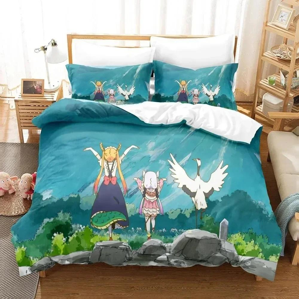 3D Kawaii Girl Miss Kobayashi's Dragon Maid Bedding Set Anime Three-piece Set Adult Kid Bedroom Duvet Cover Sets Home Textiles