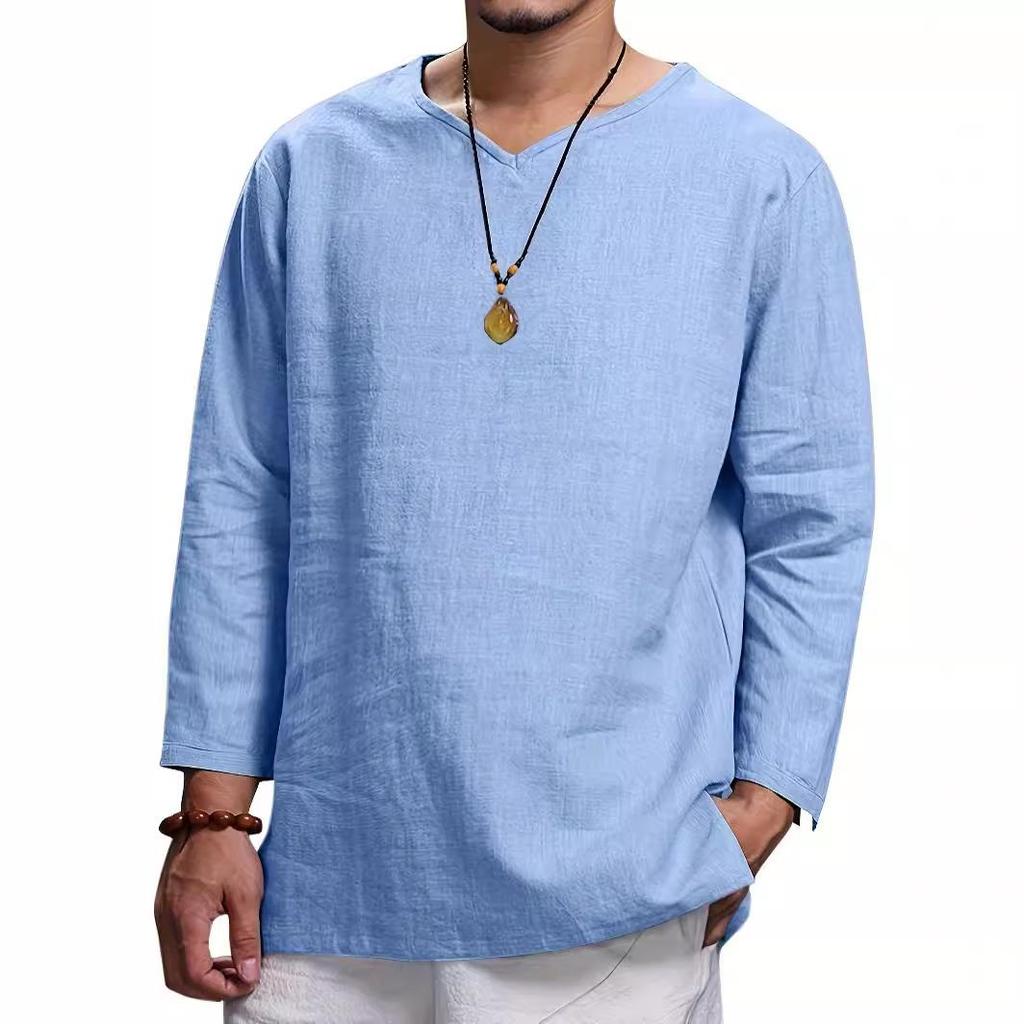 Men's Spring 2026 V-Neck Long Sleeve Linen-Cotton Casual Shirt