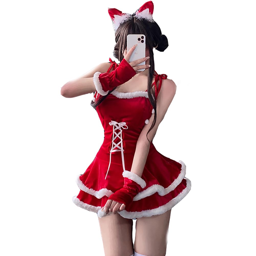 [Ymgot] Sexy Santa Claus Costume with Cat Ears, Christmas Costume, Cute Santa Costume