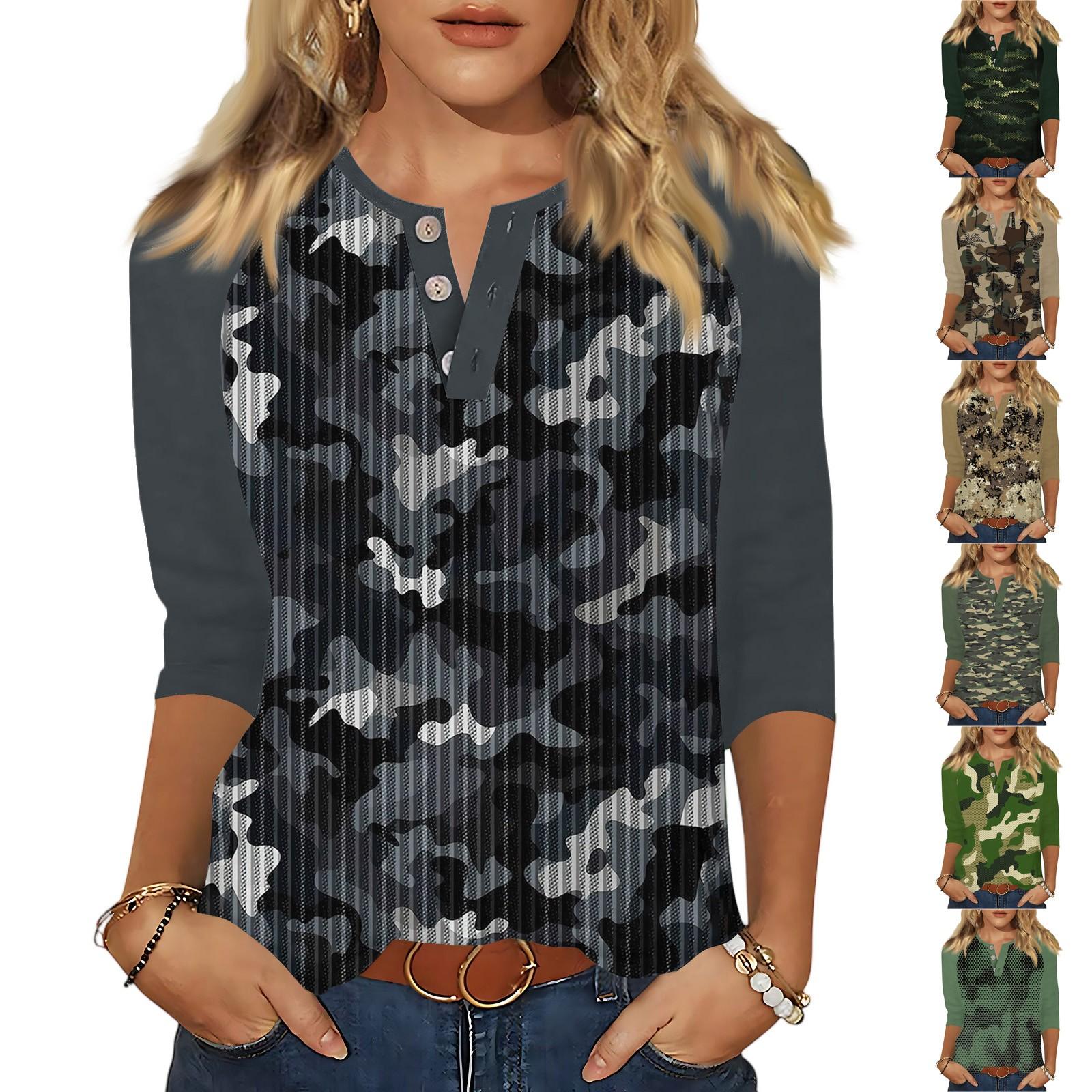 

Women s T Shirt Print Button 3/4 Sleeve Daily Weekend Fashion Basic V- Neck Regular Top XL