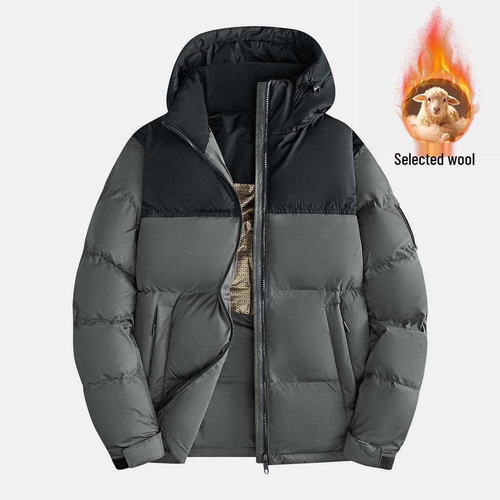 Men's Color Block Hooded Down Cotton Jacket with Wool Filling - Thick, Warm, Loose-Fit, Stand Collar Winter Coat