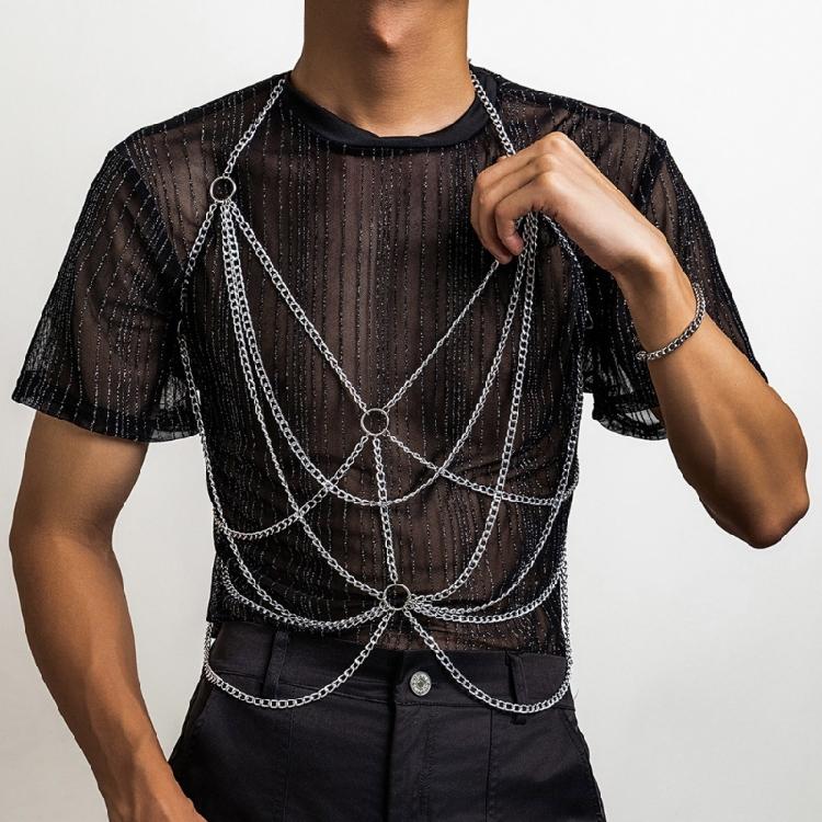 Trendige, mehrlagige Neckholder-Brustkette, modernes Herren-Körpergeschirr mit mehrlagiger Kreiskette für Party-Looks