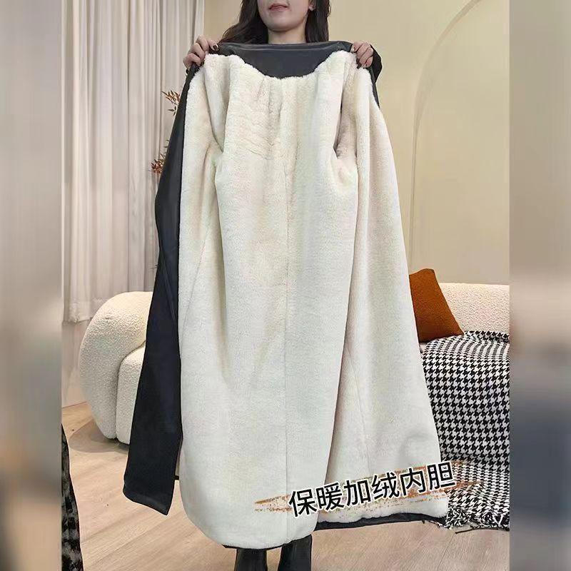 Women's Mid-Length Leather Jacket: European & American Style, Autumn/Winter 2025, Plus Velvet, Thickened Trench Coat