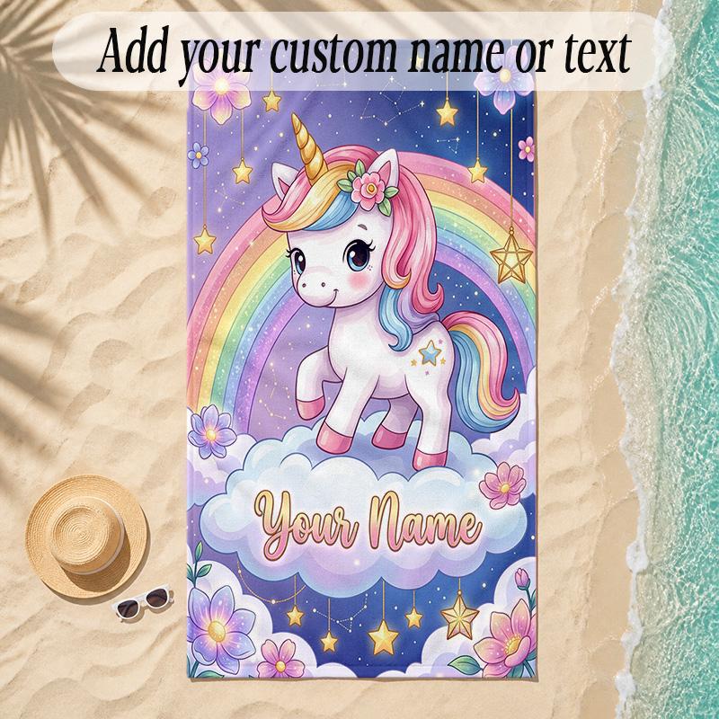 Unicorn Theme Soft Beach Towel Personalized Custom Name Text Towel Portable for Beach Pool Travel