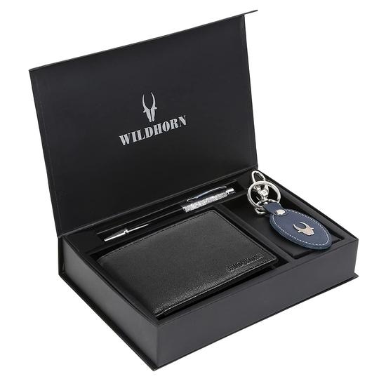 WildHorn Rakhi Gift Hamper for Brother - Classic Men's Combo/Gift Set of Leather Wallet, Keyring, Pen and Rakhi for Brother/Bhaiya. (Black PD)