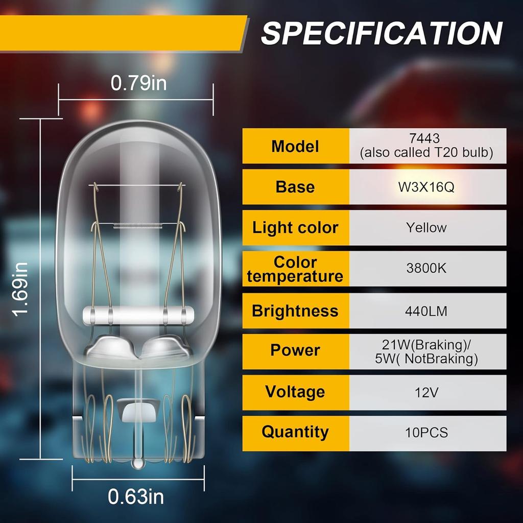 Meonum 10 Pcs 7443 Bulb, T20 1891 7443LL Brake Light Bulb For Daytime Running(DRL), W21/5W Automotive Reverse/Strobe Brake/Tail/Backup/Parking/Tail