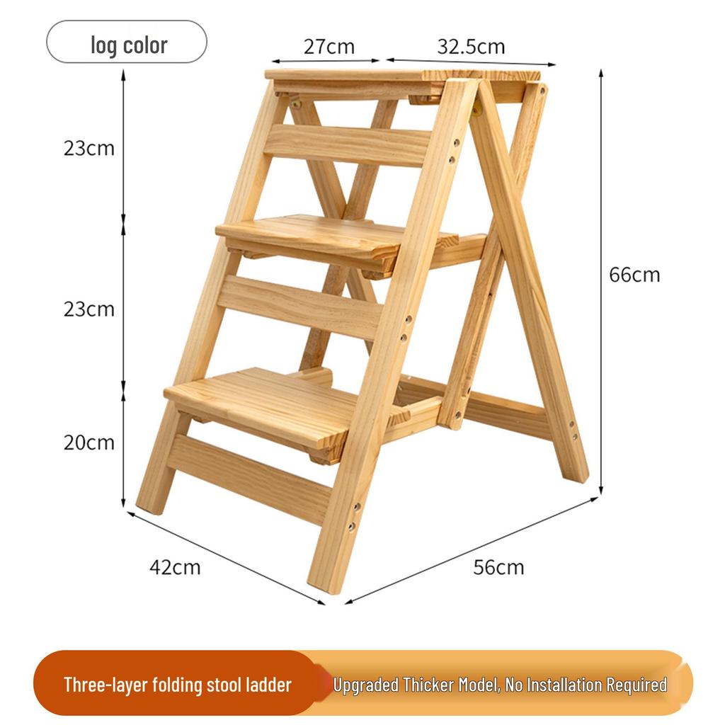 Solid Wood Foldable Ladder with Non-Slip Steps - Multi-Functional, Portable, Stackable, and Ideal for Household Climbing and Storage.