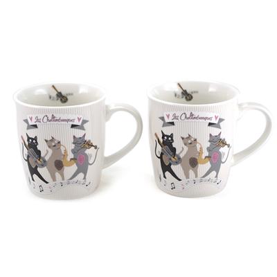 [A0269] - Set of 2 Taupe Gray 'Cats' Porcelain Mugs (The Chaltimbanques) - 9. 5x8. 5 Cm