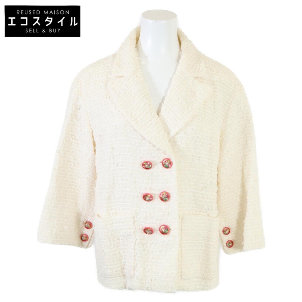 CHANEL [Good Condition] P56048V29319 Lion Button Tweed Double Breasted Jacket 38 whiteUsed