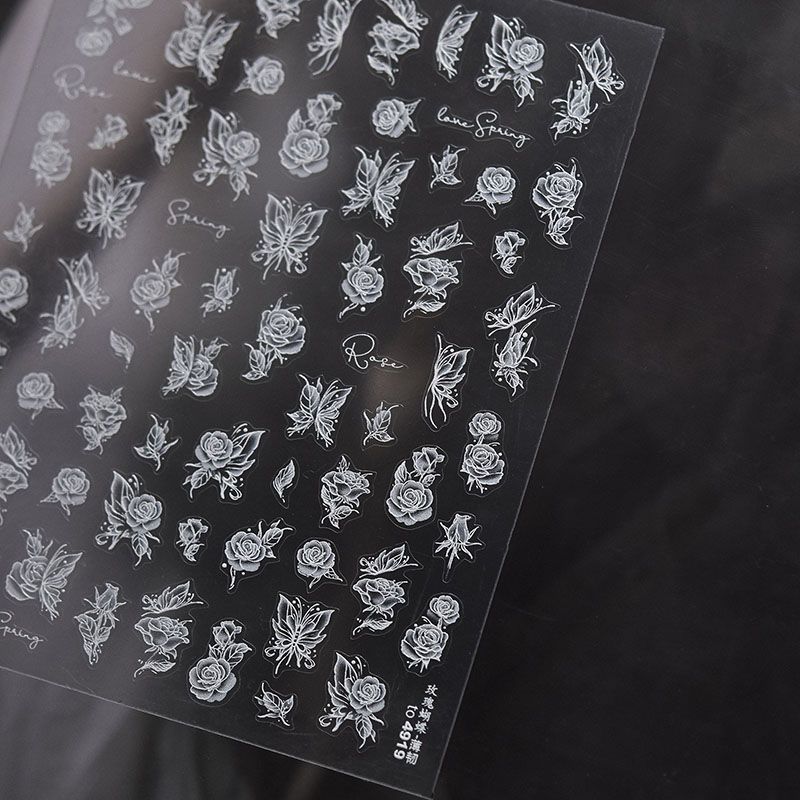 

Bright Crystal White Lily Rose Butterfly Nail Art Sticker Relief 3D New Arrival Ins 5D Florals Nail Sticker Decorations Rose butterfly 4919 (thin tough)