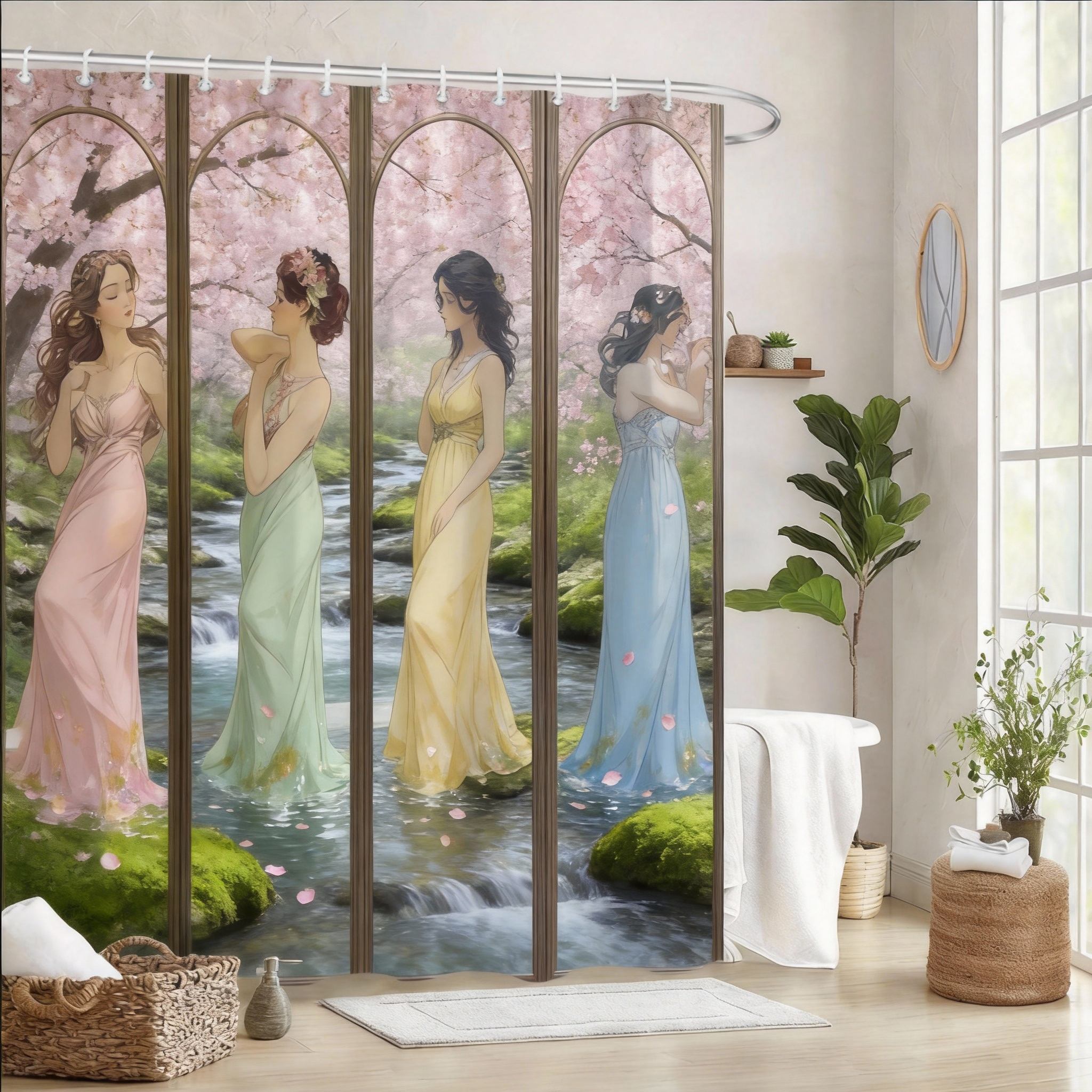 

Vintage Art Nouveau Shower Curtain 180X180Cm – Three Elegant Women In Floral Setting, Boho Chic Bathroom Decor Gift, 12 Hooks W60H190(CM)-1 Pcs